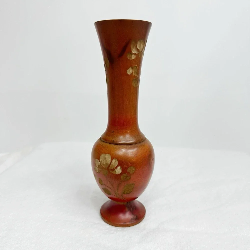 Vintage Hand Carved Painted Floral Red/brown Wooden Vase Mexico 7.5